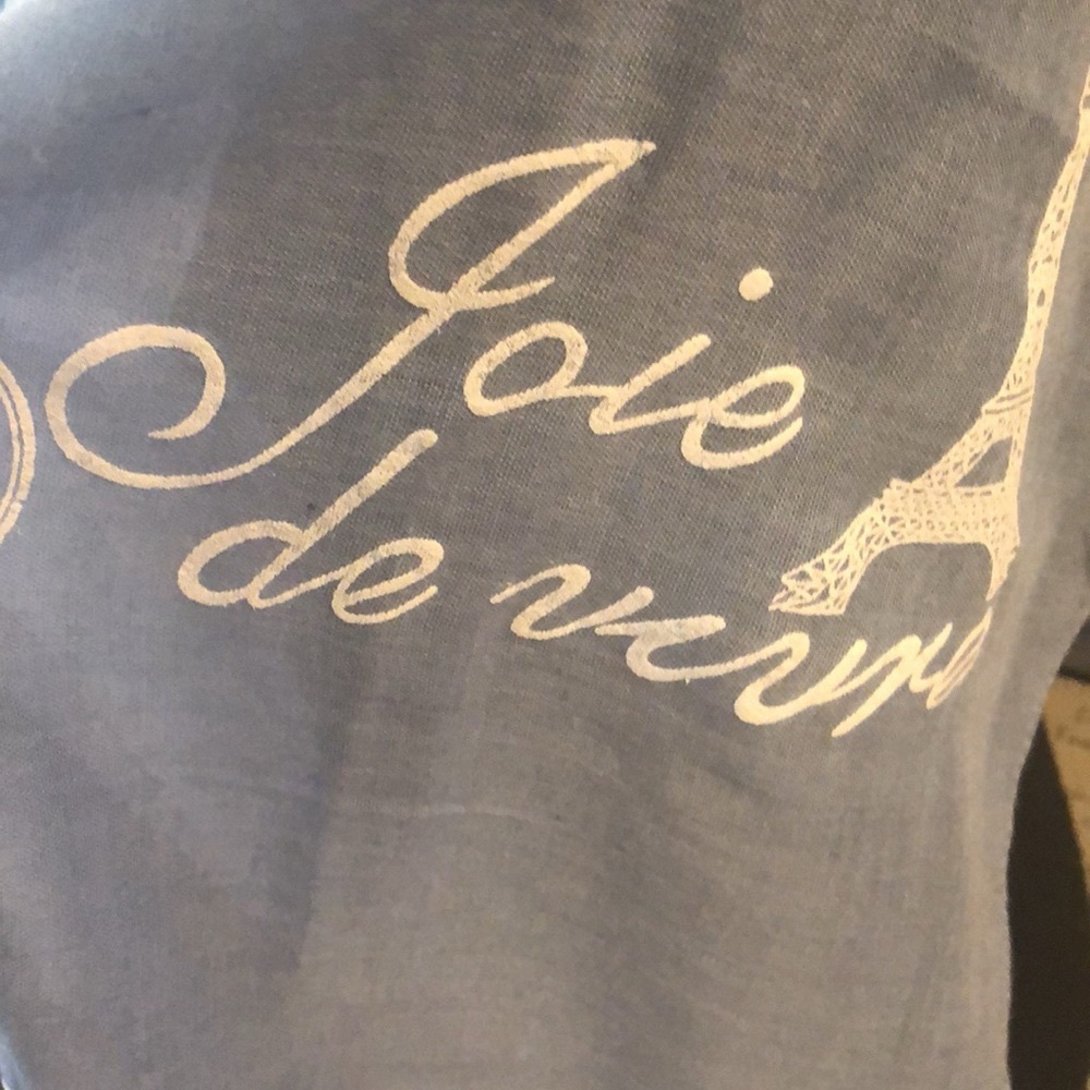 LARGE PARIS THEMED FRINGED SCARF COTTAGE BLUE WITH WHITE PRINT - Picture 9 of 16